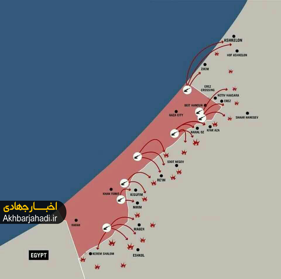 نقشه حملات موشکی مقاومت فلسطین به مناطق صهیونیست‌نشین